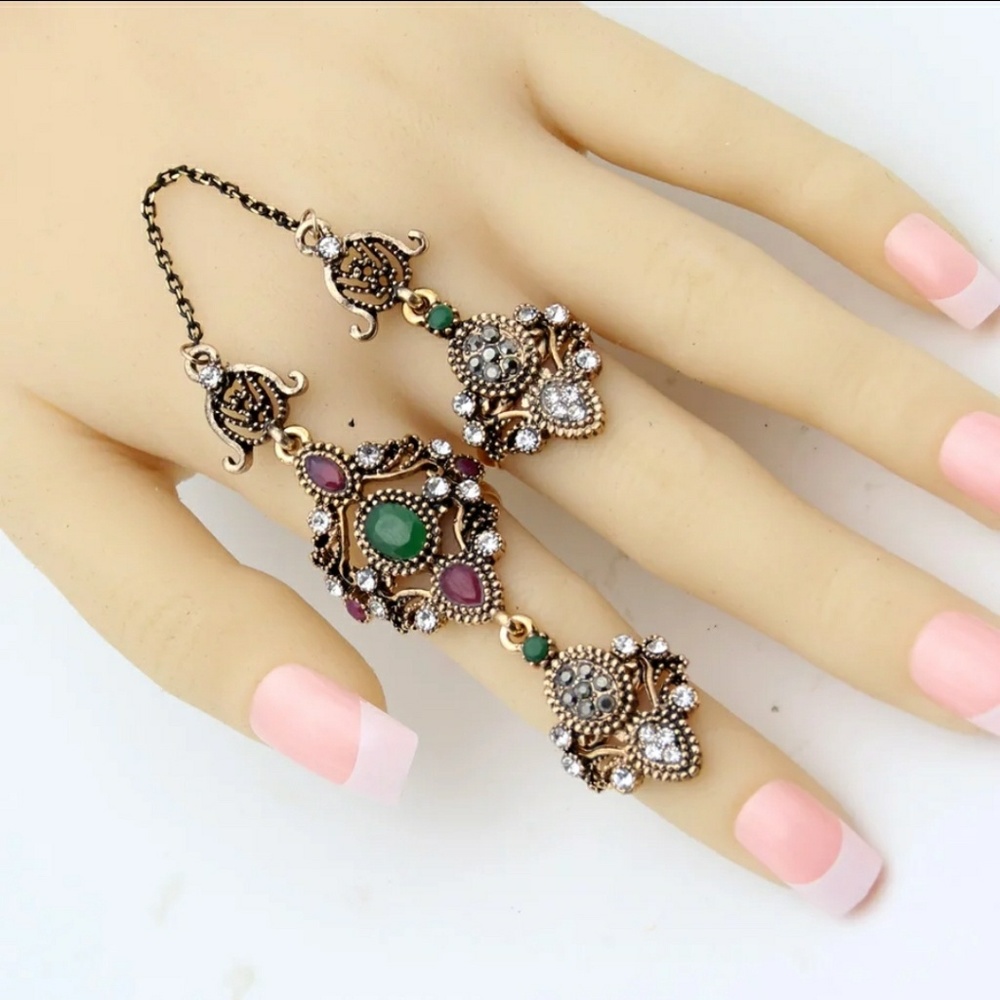Turkish Rings Set- Emerald n Ruby in Antique Gold